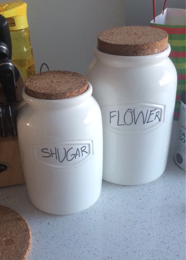 a jars with "Shugar" and "Flower"