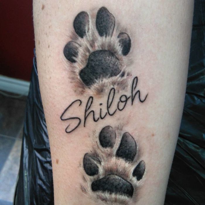 Tattoo of dog paw prints with the name "Shiloh" in black ink on an arm.