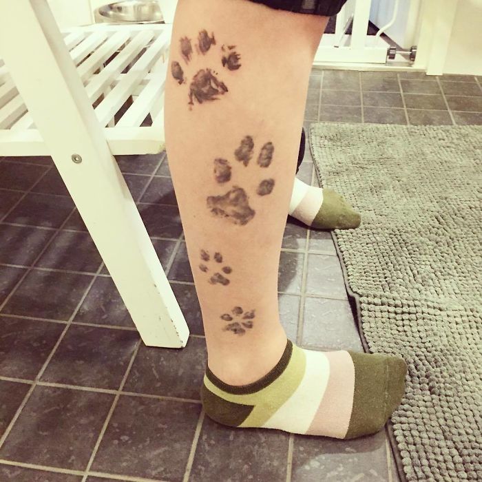 Leg with dog paw prints tattoo, showcasing unique design on tiled floor.