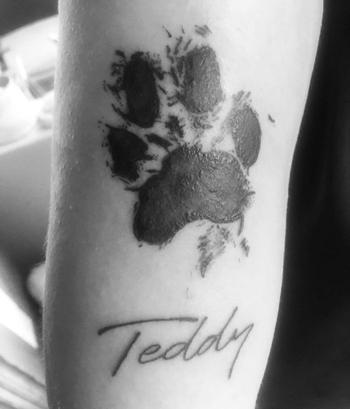 Tattoo of a dog paw print with the name "Teddy" underneath.