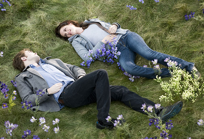 Scene from Twilight movie showing two characters lying on grass surrounded by flowers in a romantic moment.