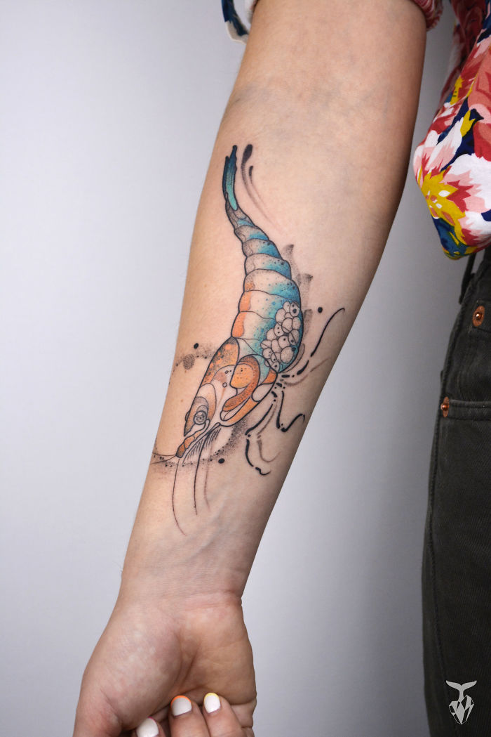 Nature and Art Nouveau inspired tattoo of a colorful seashell design on a forearm.