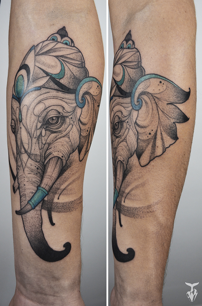 Art Nouveau inspired tattoo of an elephant with intricate details on a person's leg.