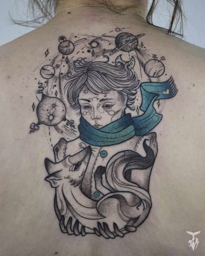 Nature and Art Nouveau inspired tattoo featuring a young character, planets, and a fox on someone's back.