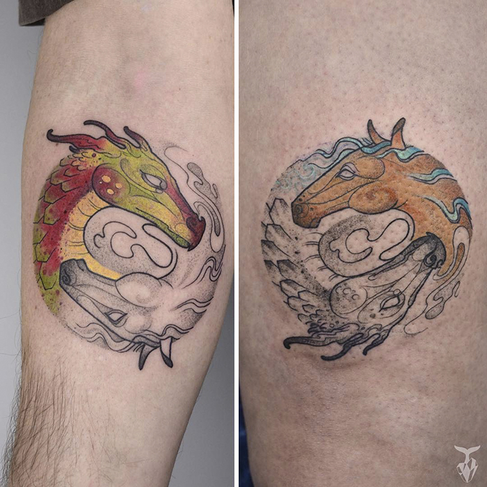 Nature and Art Nouveau inspired tattoos featuring intertwined dragon and horse designs on skin.