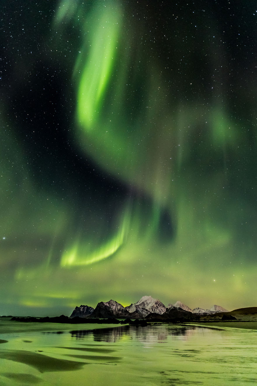 Nightscape | Northern Lights On Lofoten Beach, Norway - Angélique Michel