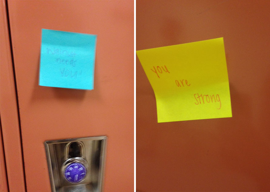 Students In My School Covered It's Lockers With Supportive Post-It Notes After 12th Grader Committed Suicide Students In My School Covered It's Lockers With Supportive Post-It Notes After 12th Grader Committed Suicide