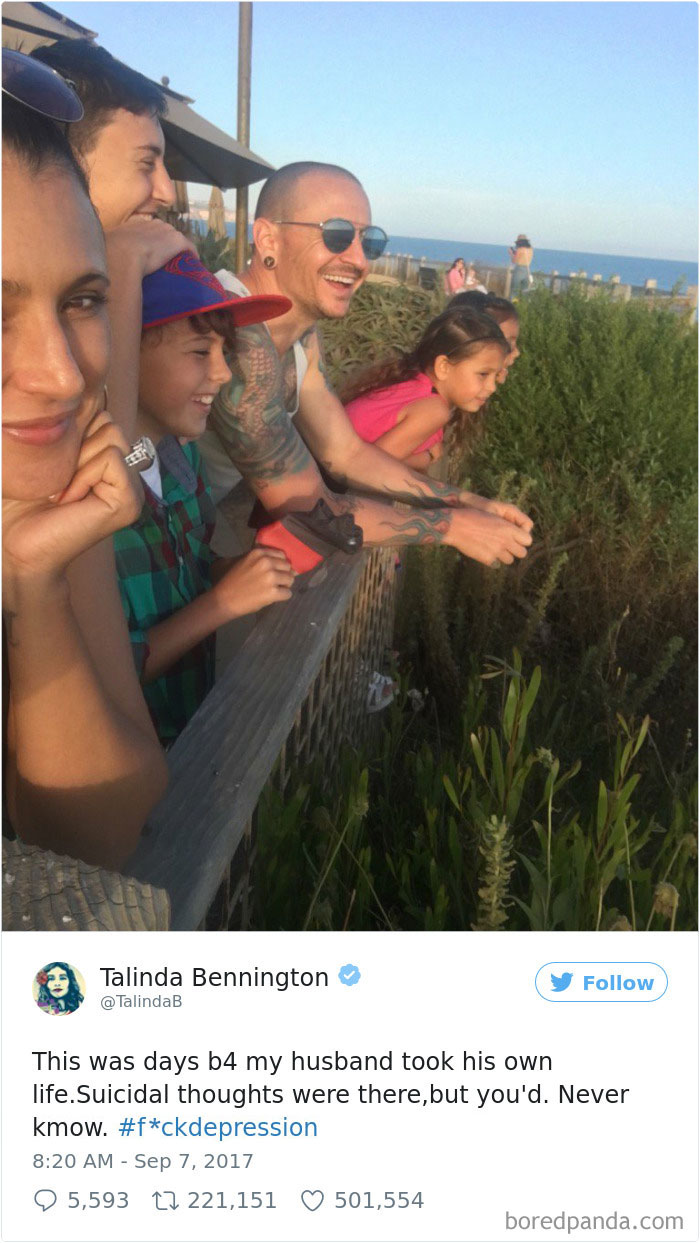 A family smiling at a scenic view, illustrating depression symptoms' invisibility.