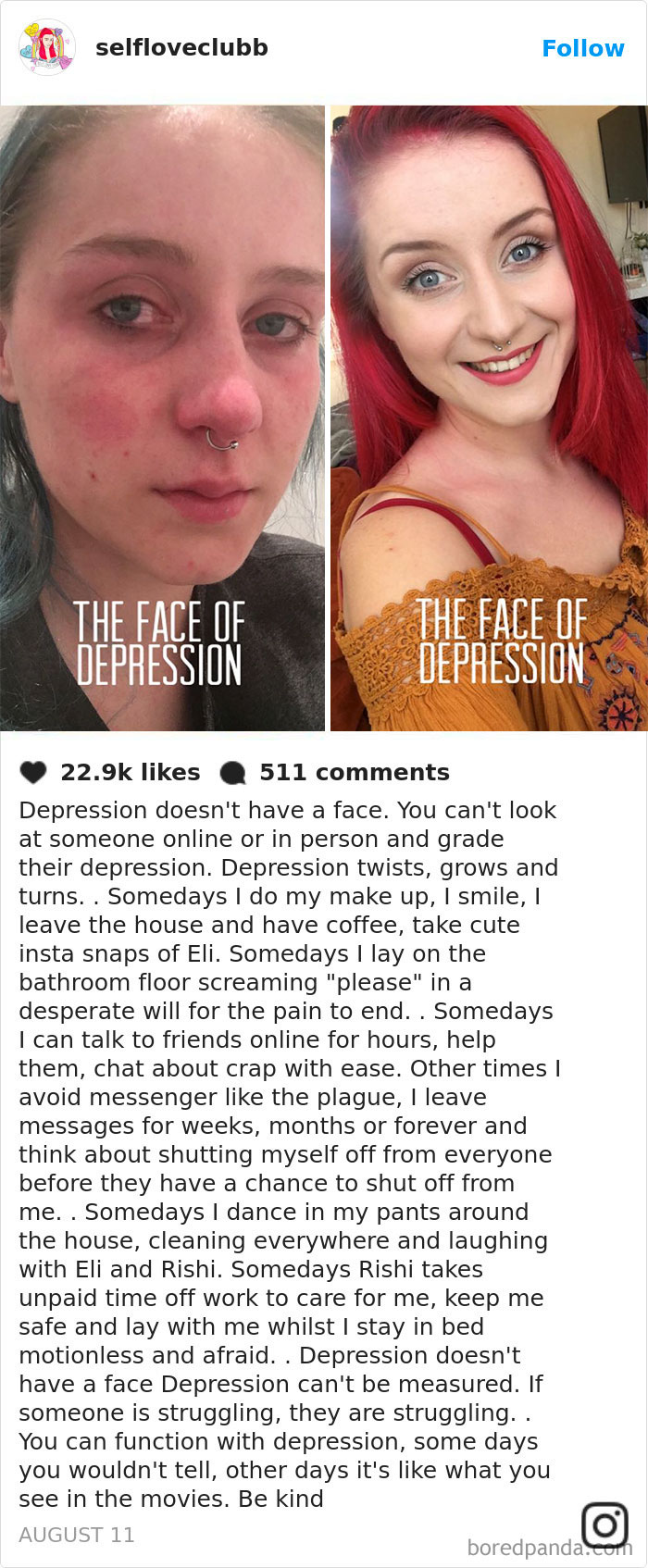 Two side-by-side images of a person, highlighting how depression symptoms have no face.