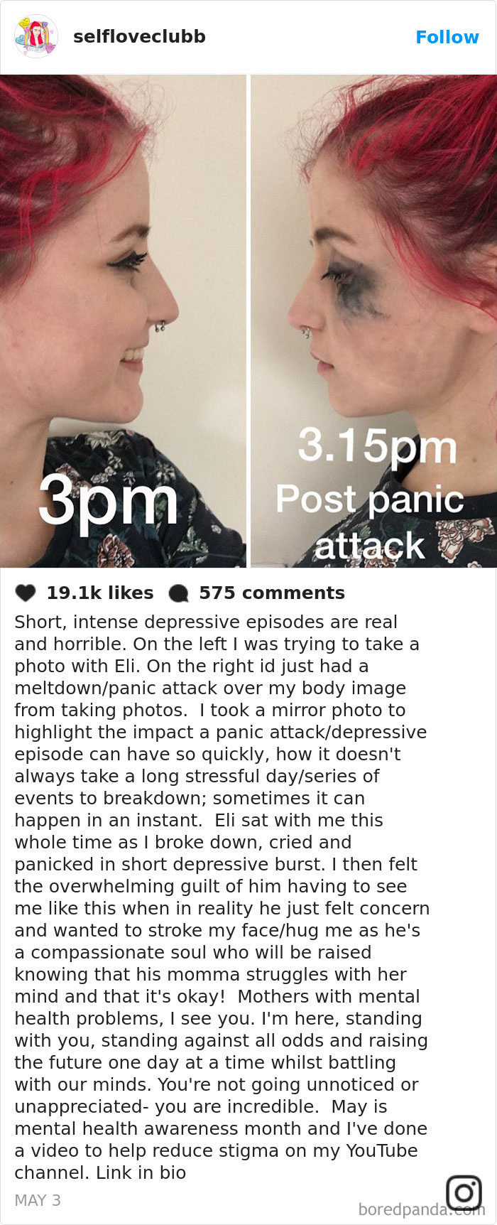 A woman with red hair smiling at 3pm, followed by a post-panic attack expression at 3:15pm, highlighting depression symptoms.