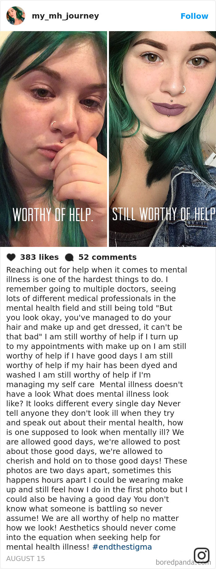 Two photos of a person with and without makeup, showing that depression symptoms have no face.