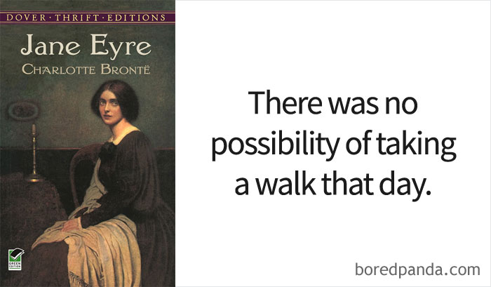 Jane Eyre book cover and an opening line 