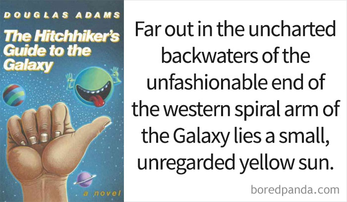 The Hitchhiker's Guide To The Galaxy book cover and an opening line 