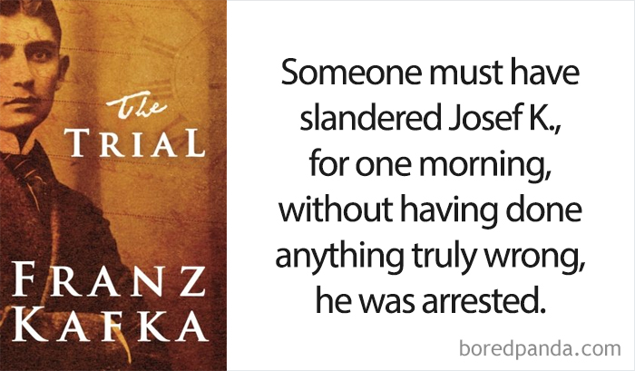 The Trial book cover and an opening line 