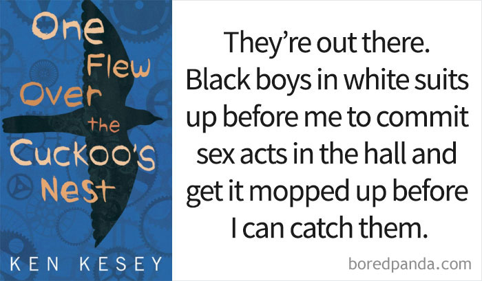 One Flew Over The Cuckoo's Nest book cover and an opening line 