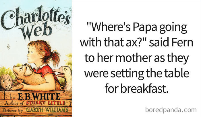 Charlotte's Web book cover and an opening line 