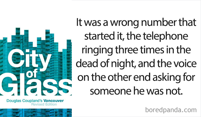 City Of Glass book cover and an opening line 