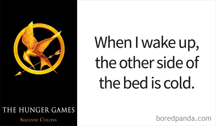The Hunger Games book cover and an opening line 