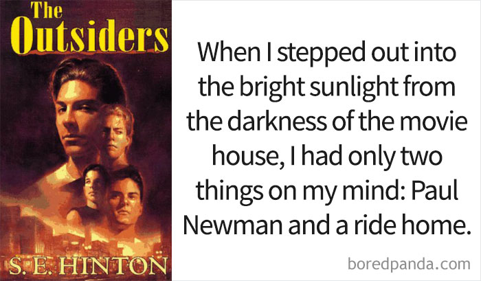 The Outsiders book cover and an opening line 