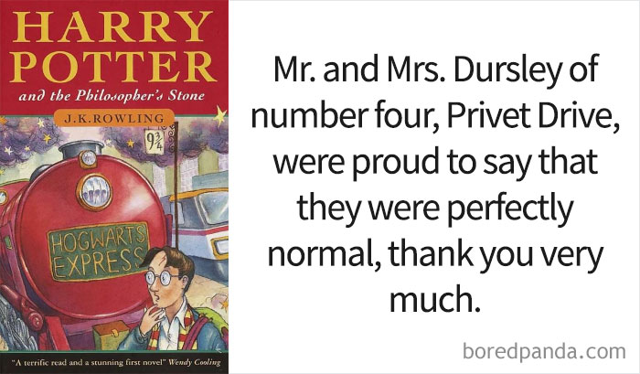 Harry Potter And The Philosopher's Stone book cover and an opening line 