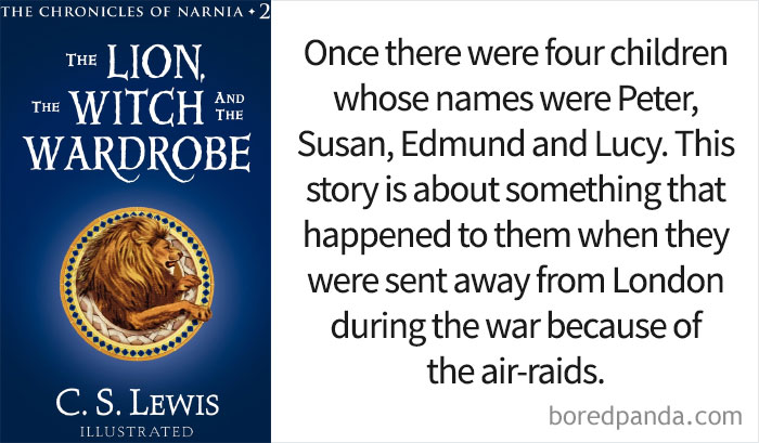 The Lion, The Witch And The Wardrobe book cover and an opening line 