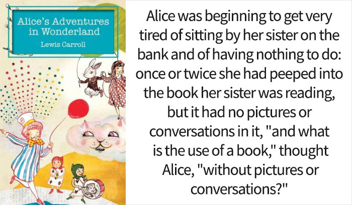 Alice's Adventures In Wonderland book cover and an opening line 