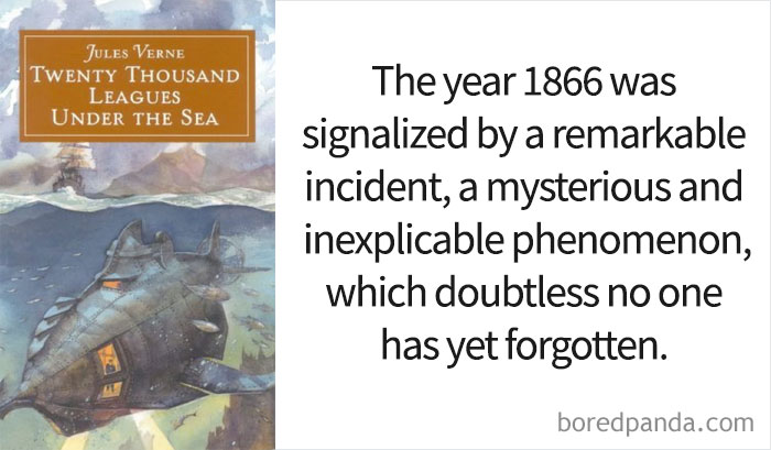 Twenty Thousand Leagues Under The Sea book cover and an opening line 