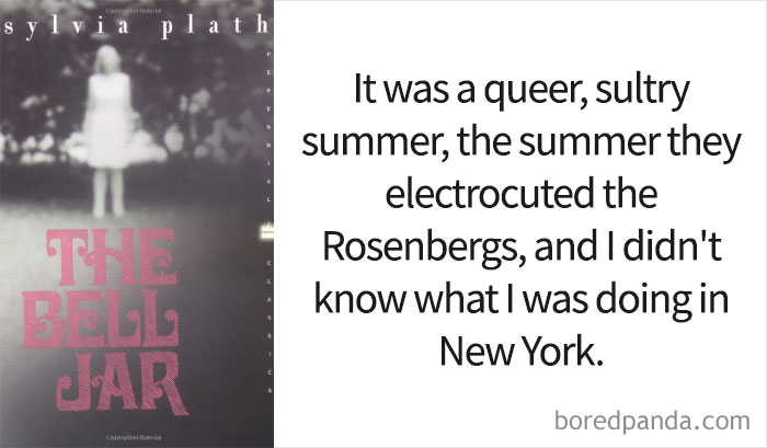 The Bell Jar book cover and an opening line 