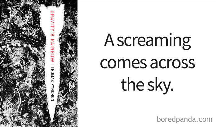 Gravity's Rainbow book cover and an opening line 