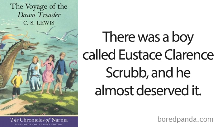 The Voyage Of The Dawn Treader book cover and an opening line 