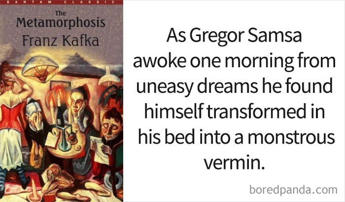 The Metamorphosis book cover and an opening line 