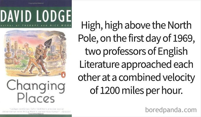 'Changing Places: A Tale Of Two Campuses book cover and an opening line 