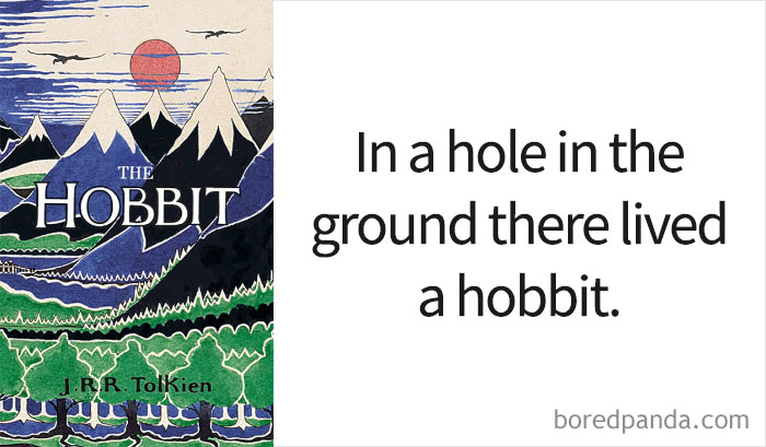 The Hobbit book cover and an opening line 