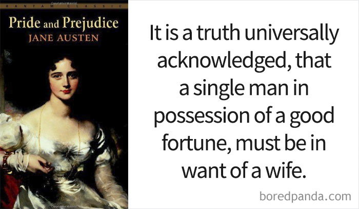 Pride And Prejudice book cover and an opening line 