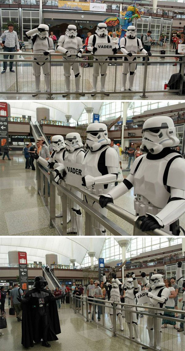 Stormtroopers holding a "Vader" sign greet Darth Vader at the airport, creating a funny pickup scene.