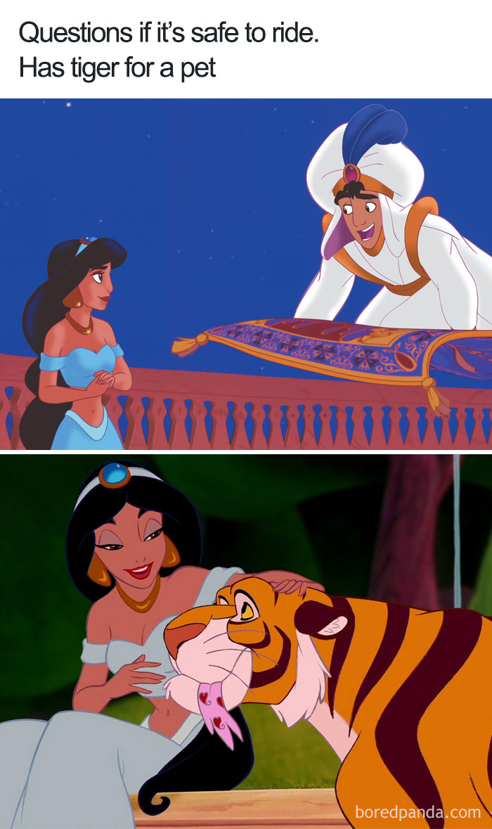 Cartoon logic: questioning magic carpet safety while having a tiger as a pet.