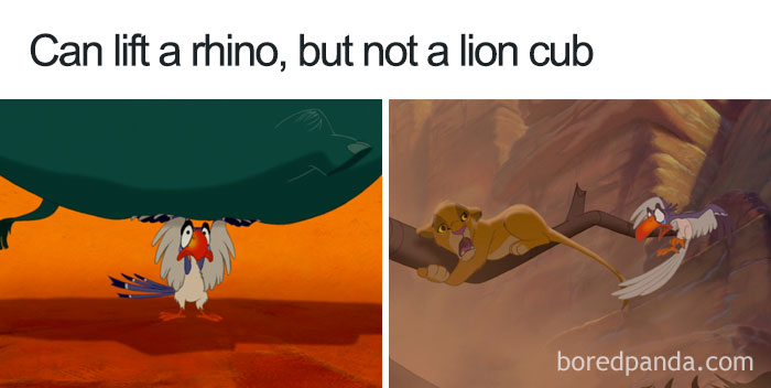 Cartoon logic: A bird lifts a rhino but struggles to lift a lion cub, highlighting inconsistent strength portrayal.