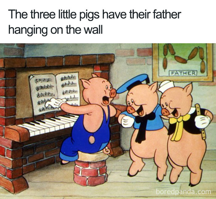 Three cartoon pigs singing at a piano with a framed picture of sausages labeled "father" on the wall.