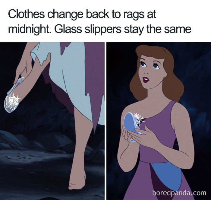 Cartoon logic example: Character puzzled as clothes revert to rags, but glass slippers remain unchanged.