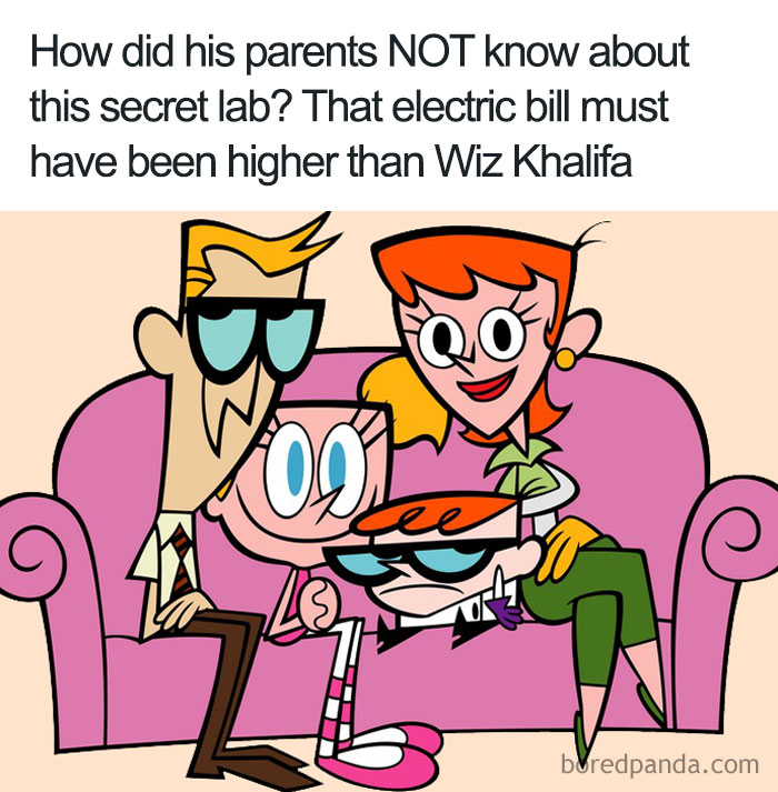 Cartoon logic example: a boy with glasses hiding a secret lab from his clueless parents on a couch.