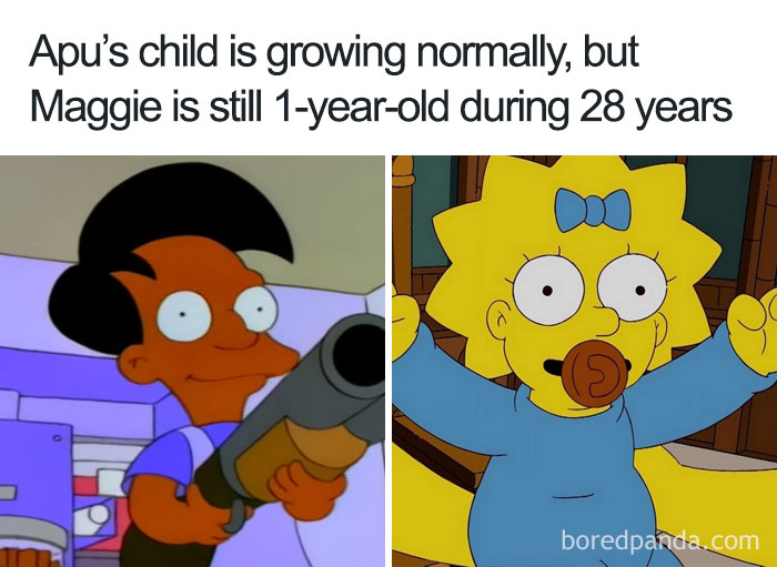 Cartoon logic example showing Apu's child aging normally while Maggie remains a baby for decades.