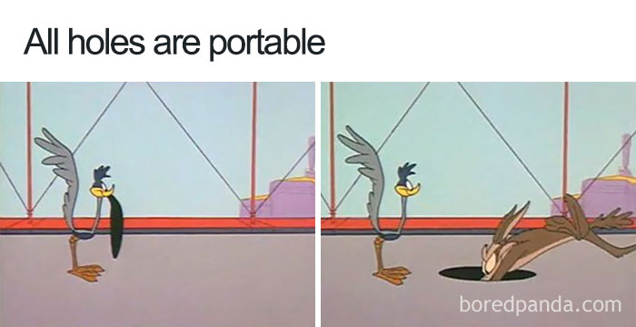 Cartoon logic: Roadrunner holding a portable hole, Coyote falling into it on a bridge.