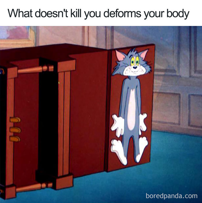 Cartoon logic: a flattened cat character comically stuck in a door, illustrating absurd humor.