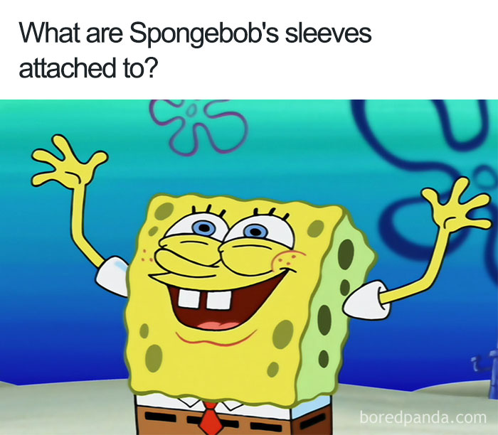 SpongeBob with sleeves seemingly attached to nothing, showcasing cartoon logic.
