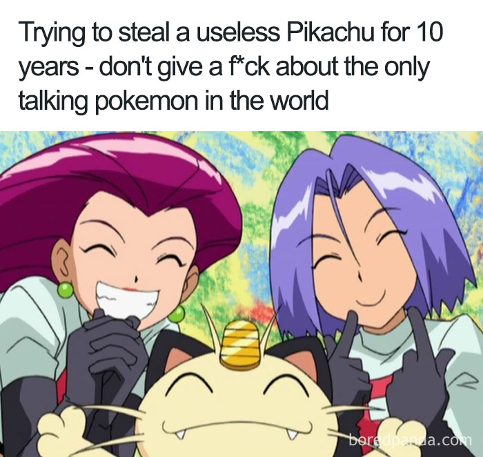Cartoon logic: Two characters happily ignore talking cat Pokémon while targeting a less significant Pikachu.