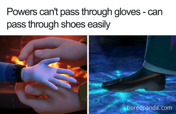 Cartoon logic: magical powers blocked by gloves but not shoes, illustrating comical inconsistency.