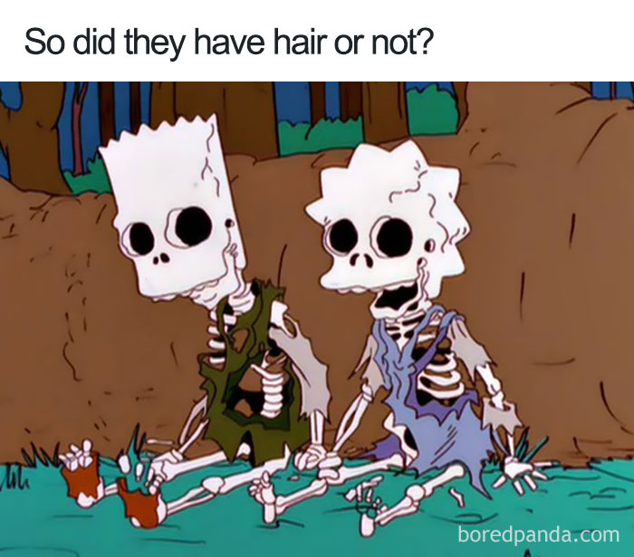 Cartoon logic: skeleton characters with hair-like shapes sitting in a forest.