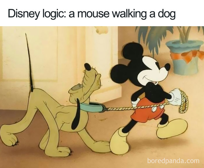 Cartoon logic: a mouse confidently walking a dog with a leash indoors.