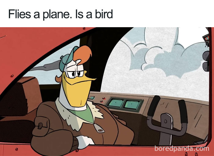 Cartoon logic: A bird is flying a plane while wearing a pilot's jacket and hat.