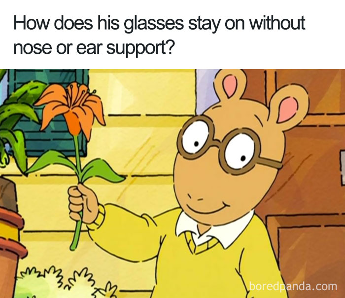 Cartoon character with glasses and a flower questions cartoon logic with glasses staying on without support.